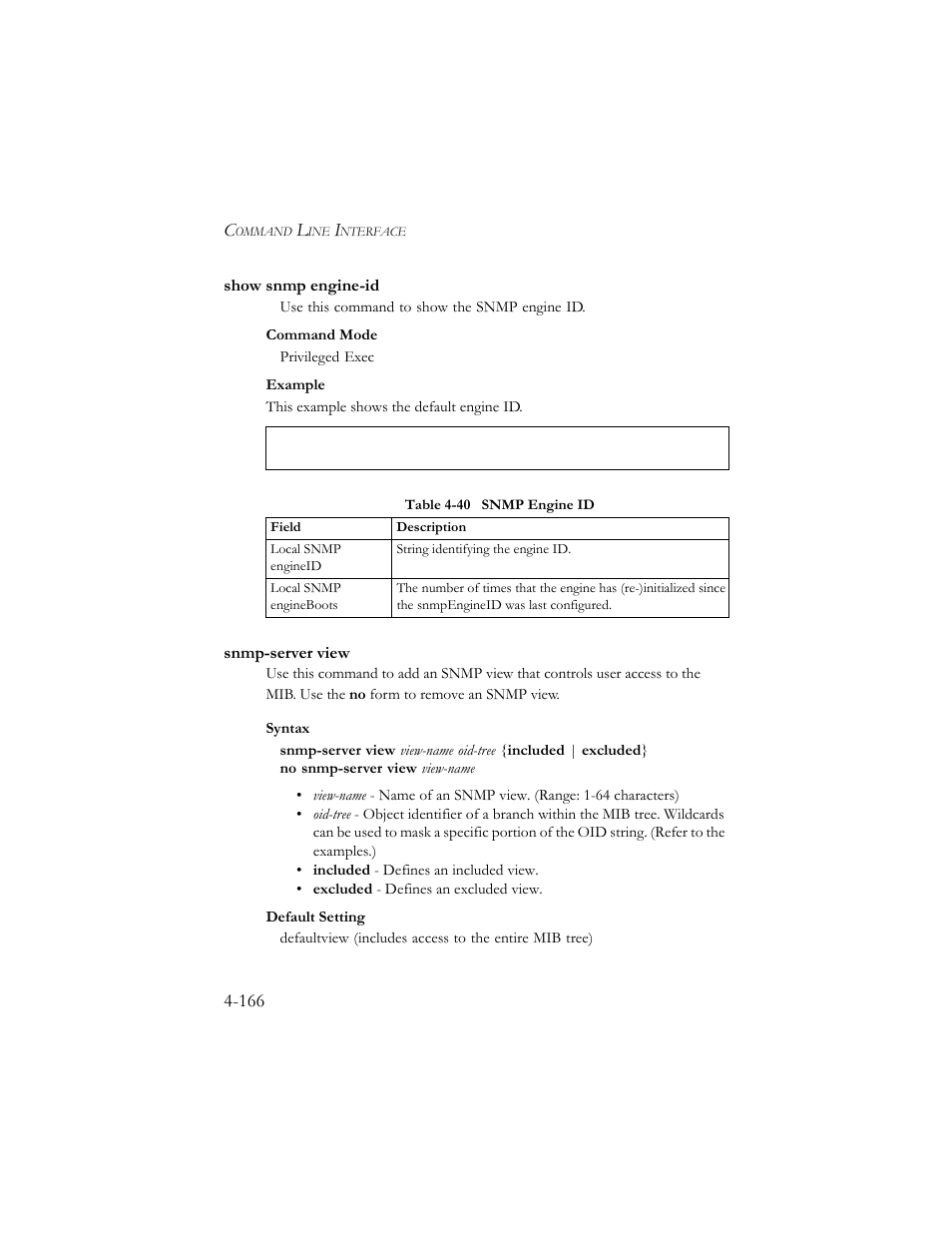 Show snmp engine-id, Snmp-server view, Show snmp engine-id -166 snmp-server view -166 | Table 4-40 snmp engine id -166 | SMC Networks SMC TigerStack III SMC6824MPE User Manual | Page 428 / 570