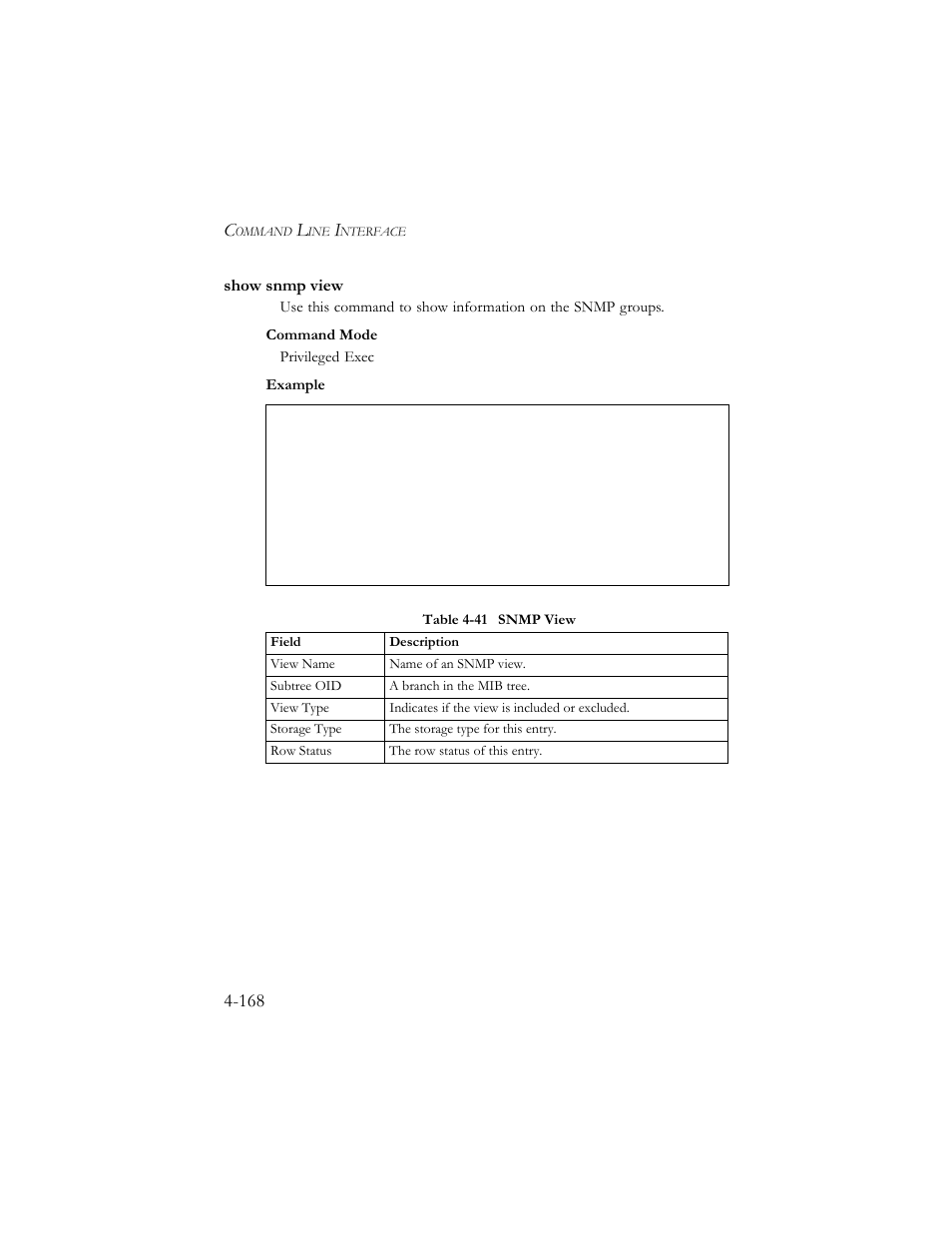 Show snmp view, Show snmp view -168, Table 4-41 snmp view -168 | SMC Networks SMC TigerStack III SMC6824MPE User Manual | Page 430 / 570