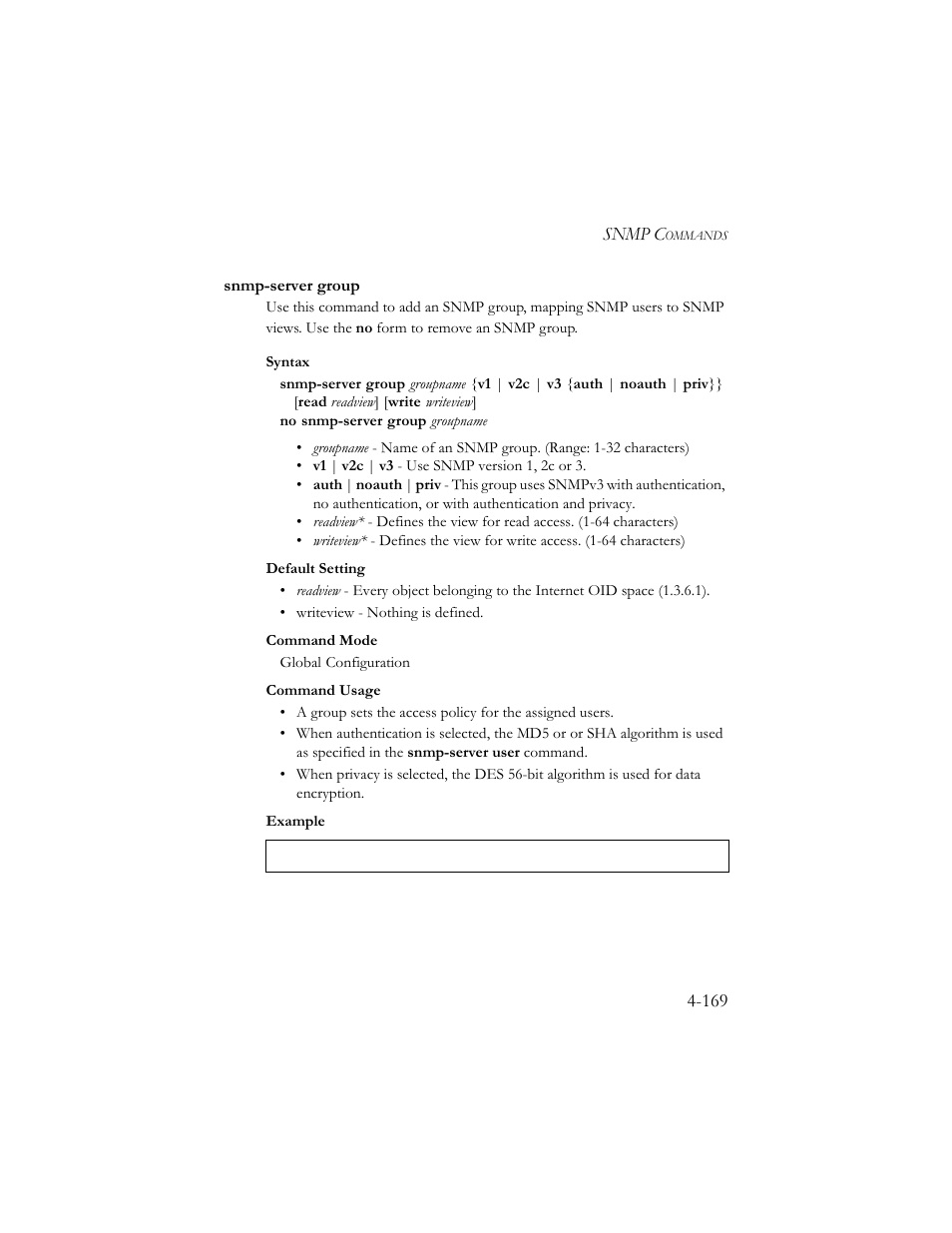 Snmp-server group, Snmp-server group -169 | SMC Networks SMC TigerStack III SMC6824MPE User Manual | Page 431 / 570