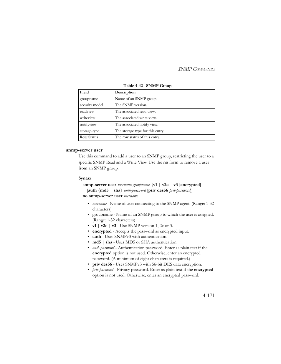 Snmp-server user, Snmp-server user -171, Table 4-42 snmp group -171 | SMC Networks SMC TigerStack III SMC6824MPE User Manual | Page 433 / 570