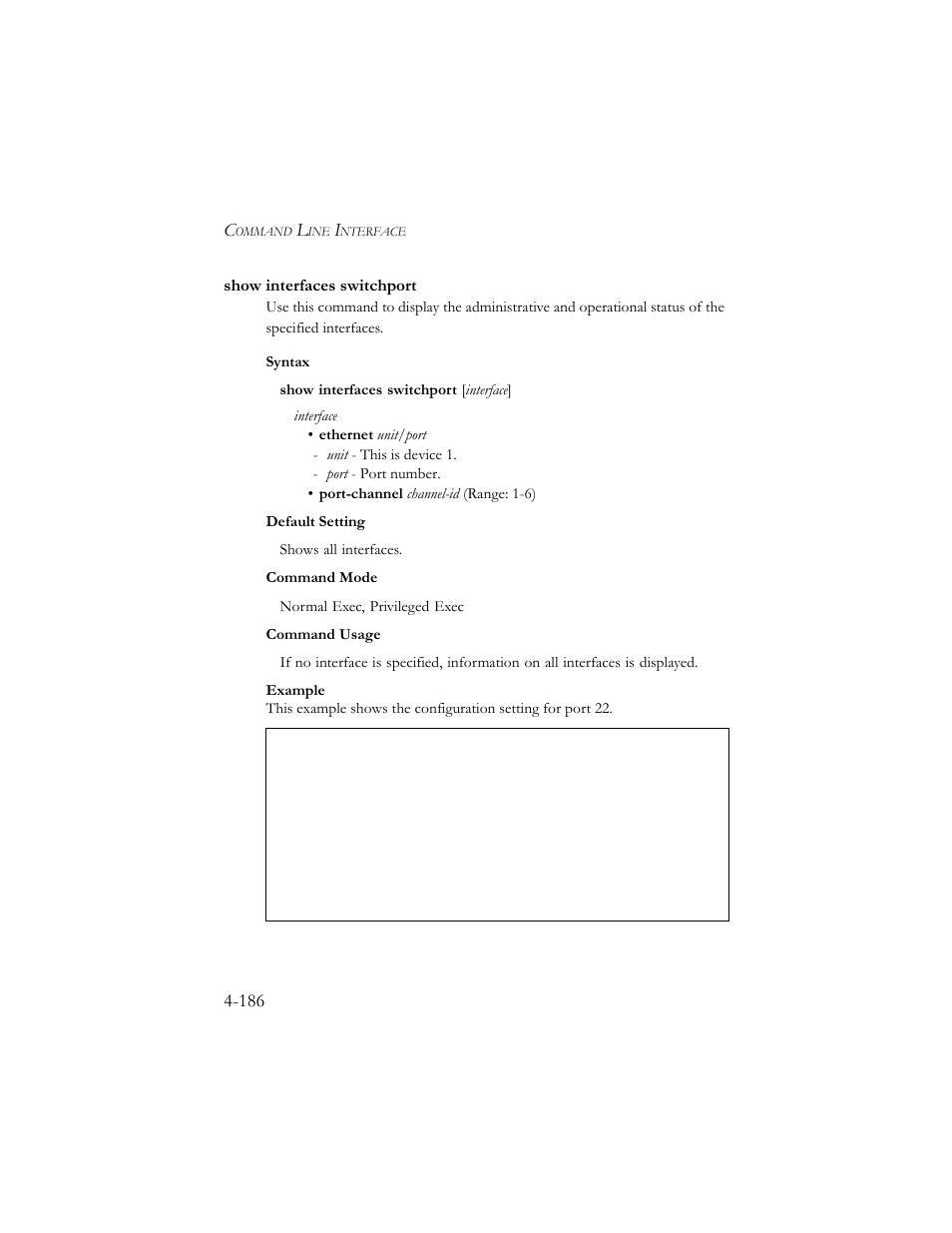 Show interfaces switchport, Show interfaces switchport -186 | SMC Networks SMC TigerStack III SMC6824MPE User Manual | Page 448 / 570