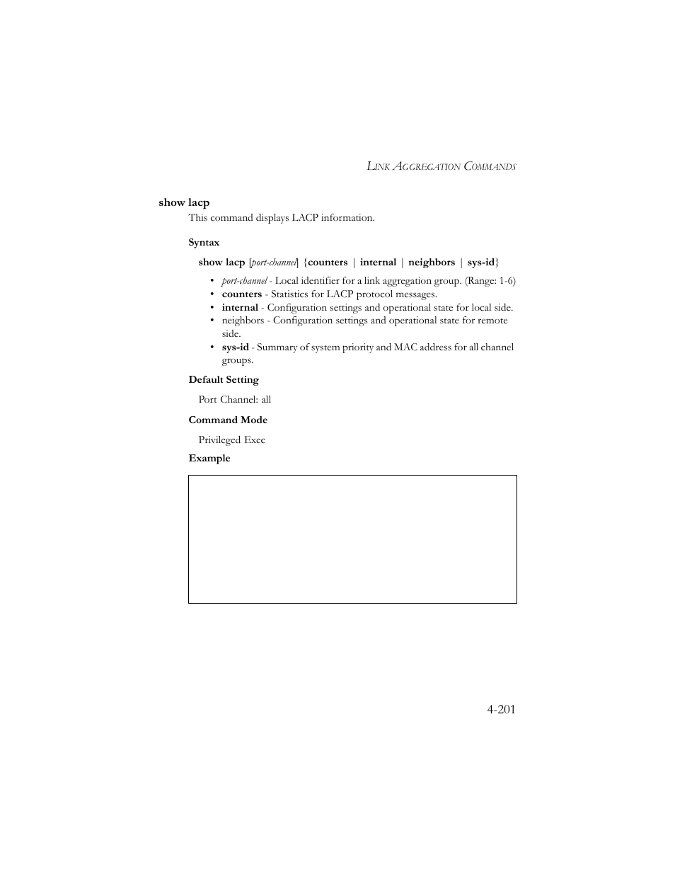 Show lacp, Show lacp -201 | SMC Networks SMC TigerStack III SMC6824MPE User Manual | Page 463 / 570