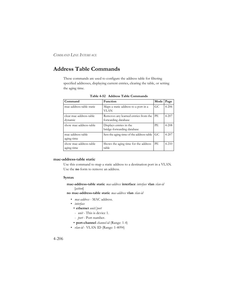 Address table commands, Mac-address-table static, Address table commands -206 | Mac-address-table static -206, Table 4-52 address table commands -206, E mac-address-table static, Mac-address-table static (4-206) | SMC Networks SMC TigerStack III SMC6824MPE User Manual | Page 468 / 570