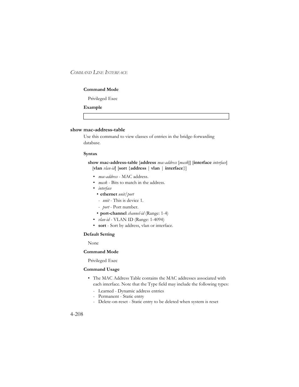 Show mac-address-table, Show mac-address-table -208, Show mac-address-table (4-208) | SMC Networks SMC TigerStack III SMC6824MPE User Manual | Page 470 / 570