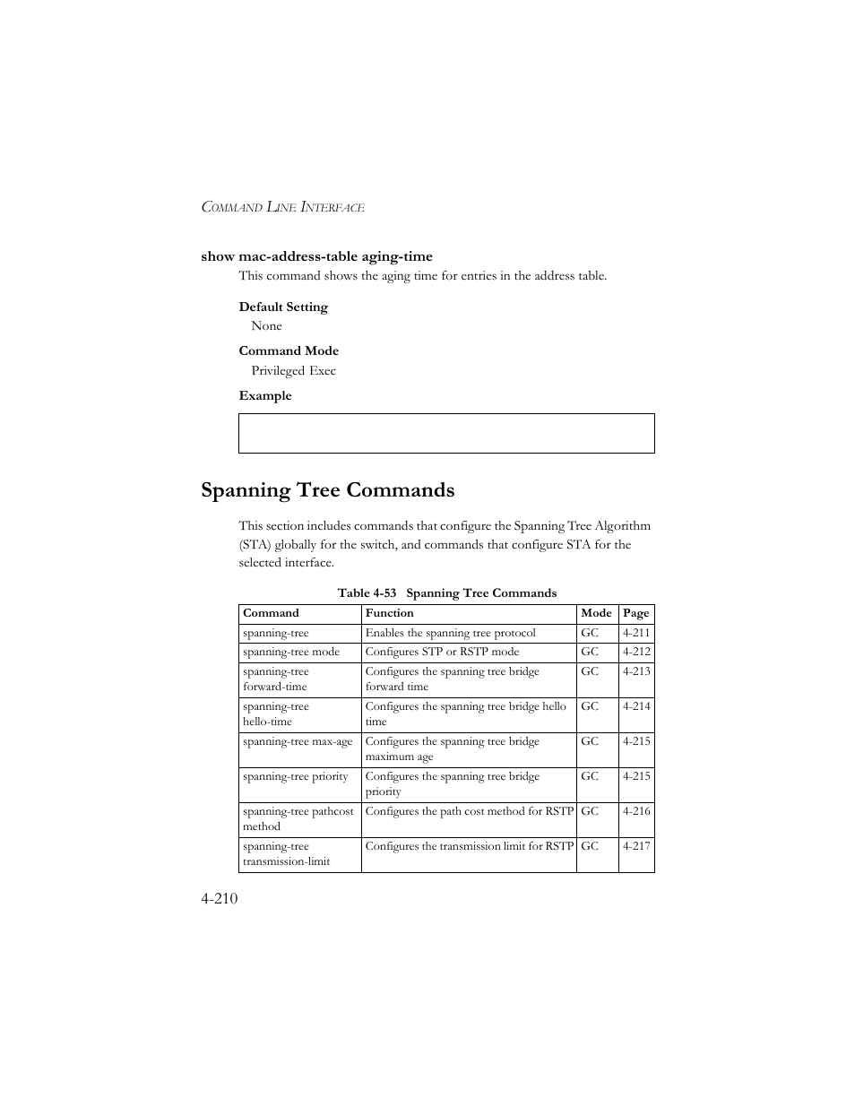 Show mac-address-table aging-time, Spanning tree commands, Show mac-address-table aging-time -210 | Spanning tree commands -210, Table 4-53 spanning tree commands -210 | SMC Networks SMC TigerStack III SMC6824MPE User Manual | Page 472 / 570