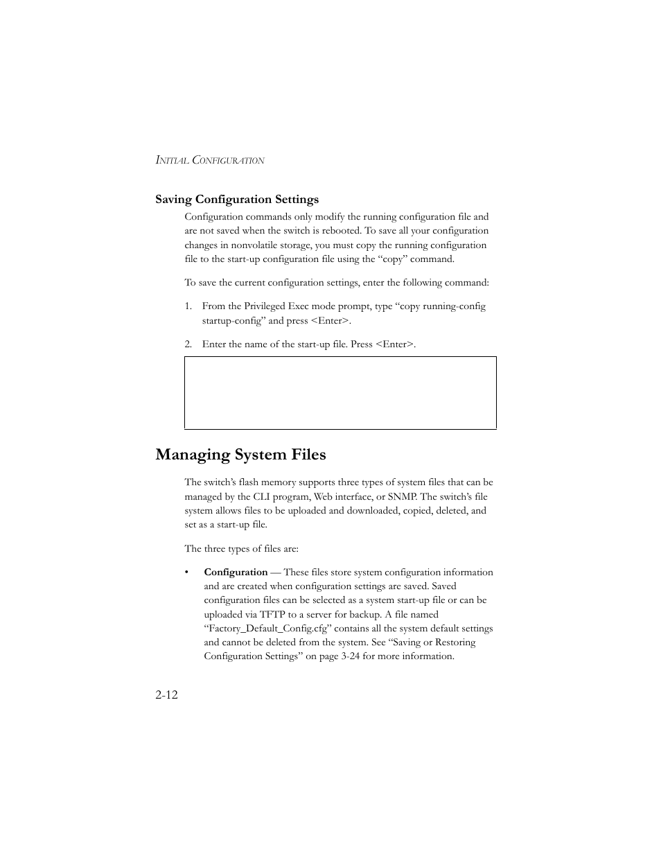 Saving configuration settings, Managing system files, Saving configuration settings -11 | Managing system files -12 | SMC Networks SMC TigerStack III SMC6824MPE User Manual | Page 48 / 570