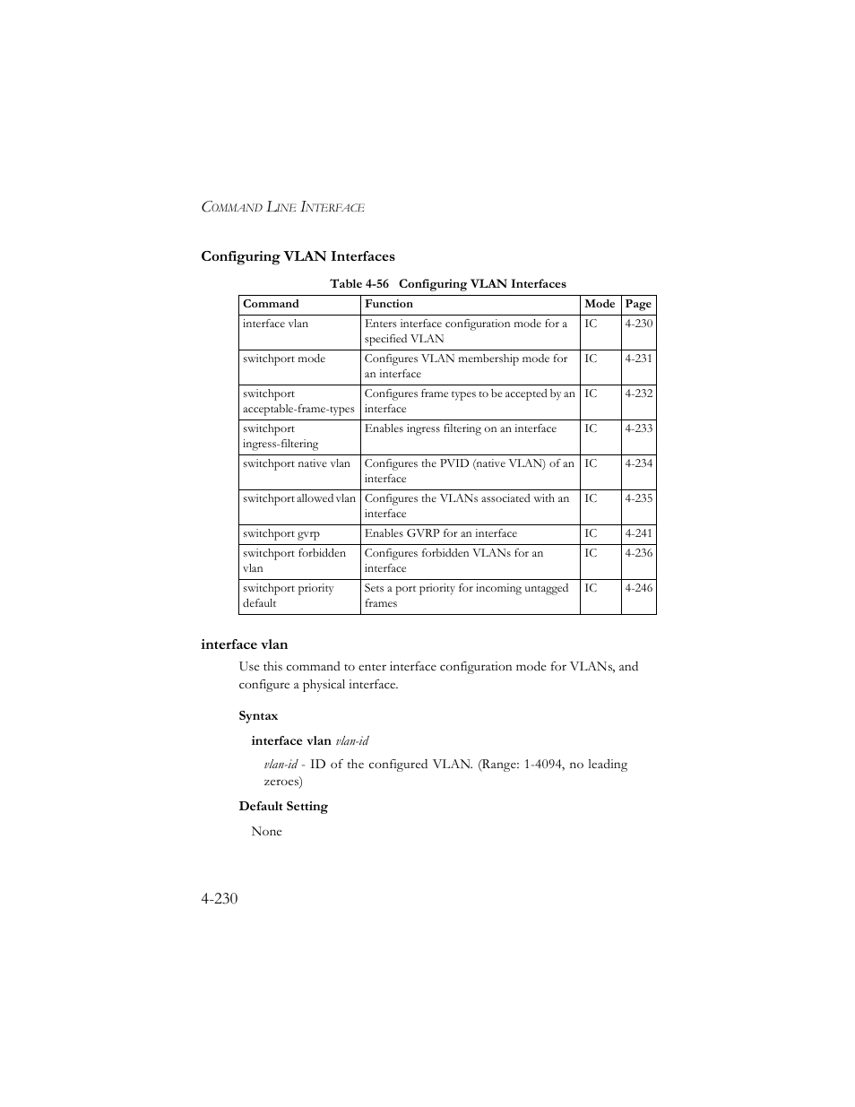 Configuring vlan interfaces, Interface vlan, Configuring vlan interfaces -230 | Interface vlan -230, Table 4-56 configuring vlan interfaces -230 | SMC Networks SMC TigerStack III SMC6824MPE User Manual | Page 492 / 570