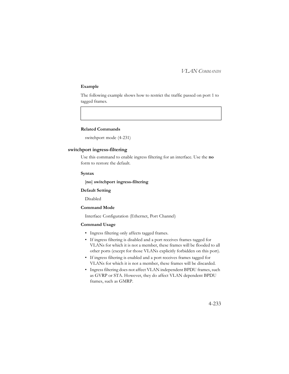 Switchport ingress-filtering, Switchport ingress-filtering -233 | SMC Networks SMC TigerStack III SMC6824MPE User Manual | Page 495 / 570