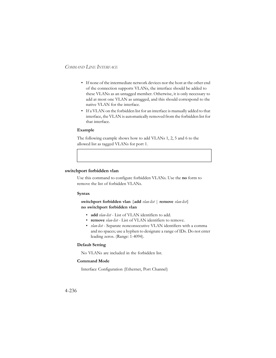 Switchport forbidden vlan, Switchport forbidden vlan -236 | SMC Networks SMC TigerStack III SMC6824MPE User Manual | Page 498 / 570