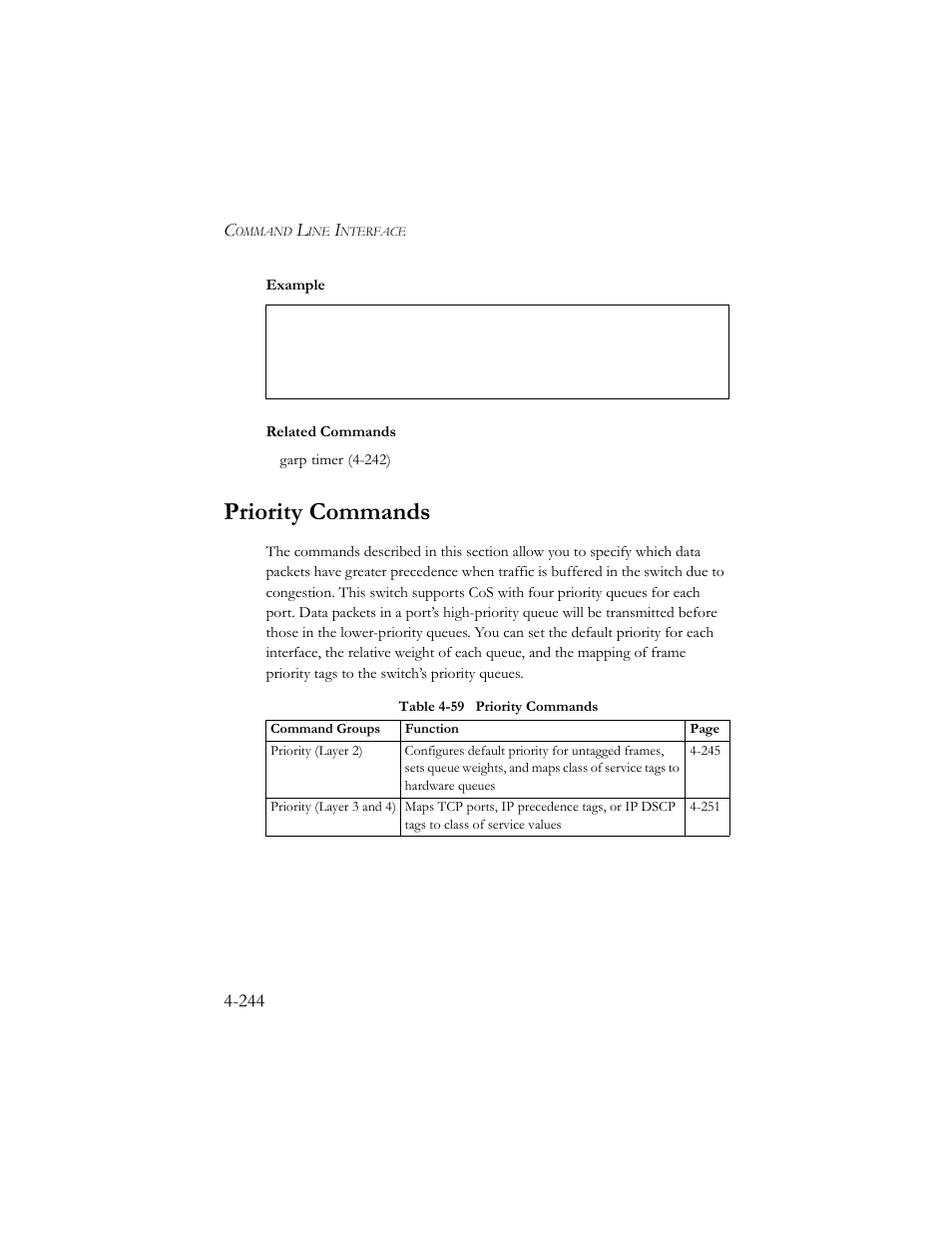 Priority commands, Priority commands -244, Table 4-59 priority commands -244 | SMC Networks SMC TigerStack III SMC6824MPE User Manual | Page 506 / 570