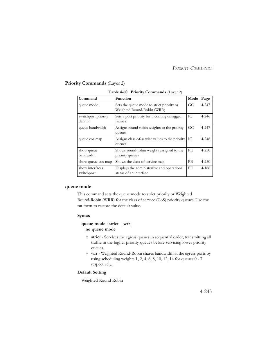 Priority commands (layer 2), Queue mode, Priority commands (layer 2) -245 | Queue mode -245, Table 4-60 priority commands (layer 2) -245 | SMC Networks SMC TigerStack III SMC6824MPE User Manual | Page 507 / 570