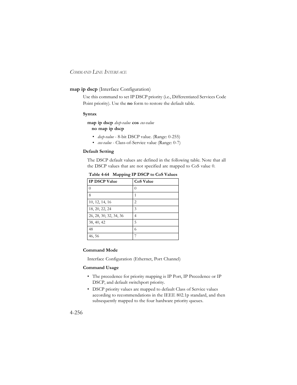 Map ip dscp (interface configuration), Map ip dscp (interface configuration) -256, Table 4-64 mapping ip dscp to cos values -256 | SMC Networks SMC TigerStack III SMC6824MPE User Manual | Page 518 / 570