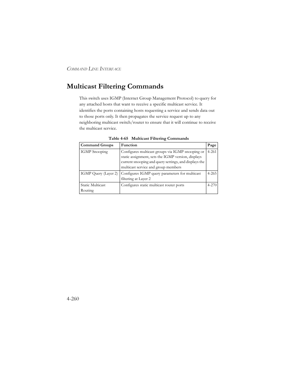 Multicast filtering commands, Multicast filtering commands -260, Table 4-65 multicast filtering commands -260 | SMC Networks SMC TigerStack III SMC6824MPE User Manual | Page 522 / 570