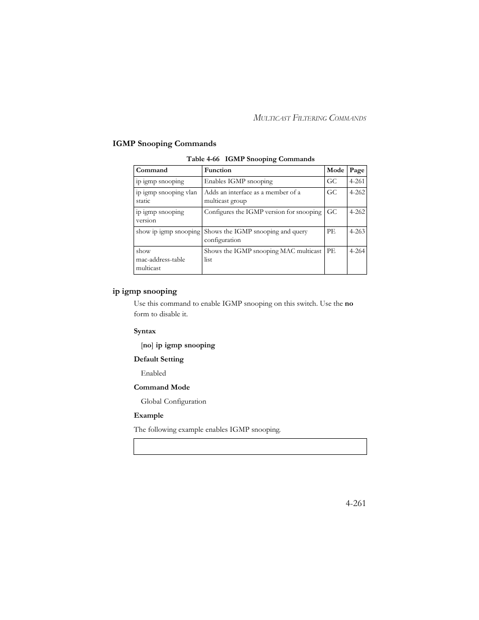 Igmp snooping commands, Ip igmp snooping, Igmp snooping commands -261 | Ip igmp snooping -261, Table 4-66 igmp snooping commands -261 | SMC Networks SMC TigerStack III SMC6824MPE User Manual | Page 523 / 570