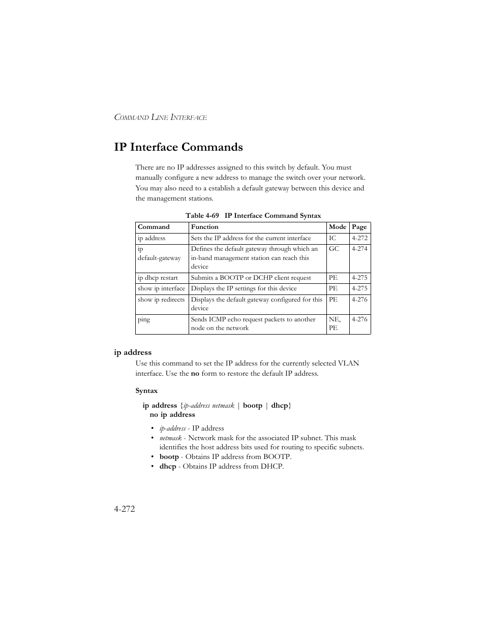 Ip interface commands, Ip address, Ip interface commands -272 | Ip address -272, Table 4-69 ip interface command syntax -272 | SMC Networks SMC TigerStack III SMC6824MPE User Manual | Page 534 / 570