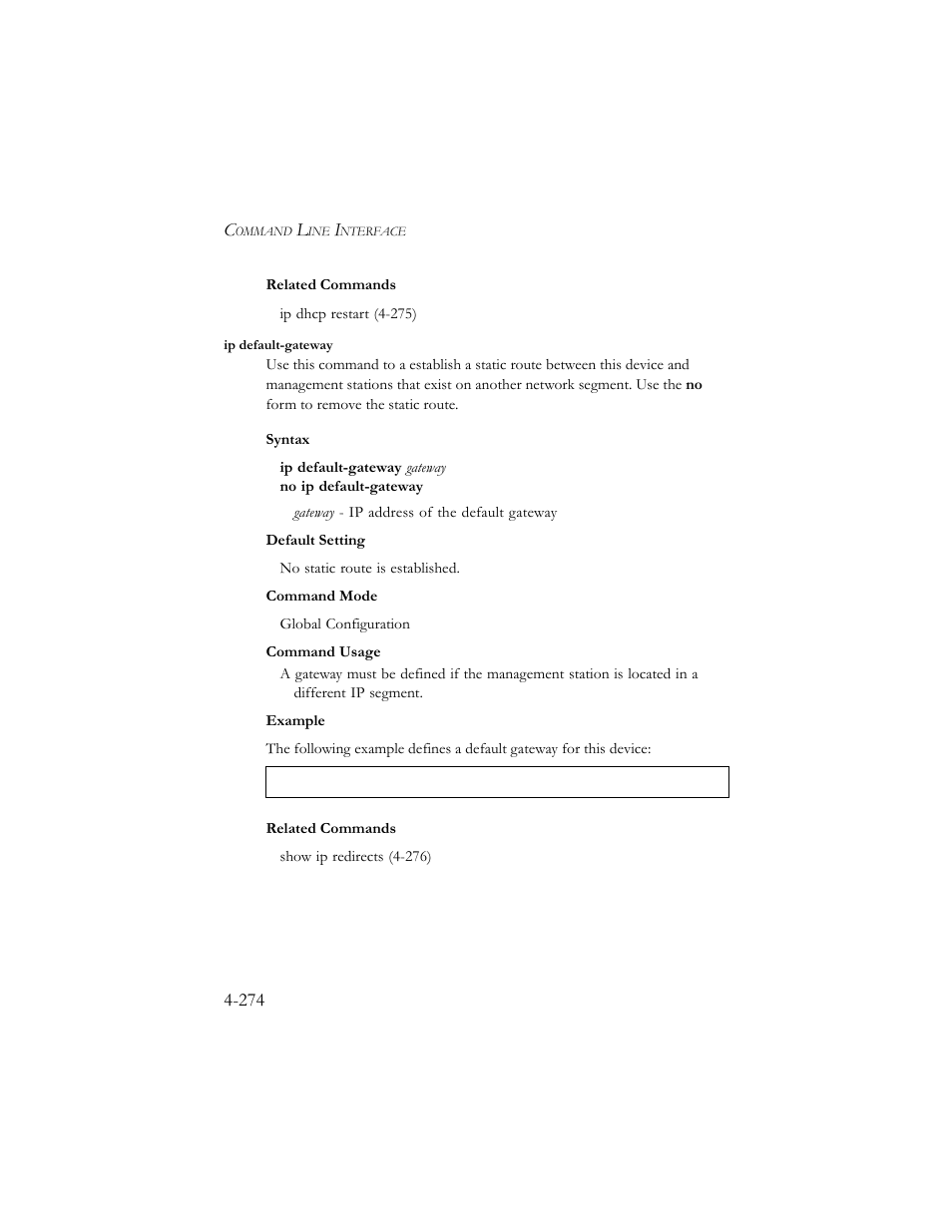 Ip default-gateway, Ip default-gateway -274 | SMC Networks SMC TigerStack III SMC6824MPE User Manual | Page 536 / 570