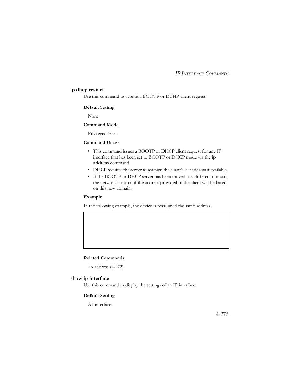 Ip dhcp restart, Show ip interface, Ip dhcp restart -275 show ip interface -276 | SMC Networks SMC TigerStack III SMC6824MPE User Manual | Page 537 / 570