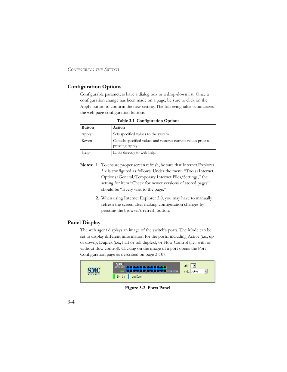 Configuration options, Panel display, Configuration options -4 panel display -4 | Table 3-1 configuration options -4, Figure 3-2, Ports panel -4 | SMC Networks SMC TigerStack III SMC6824MPE User Manual | Page 54 / 570
