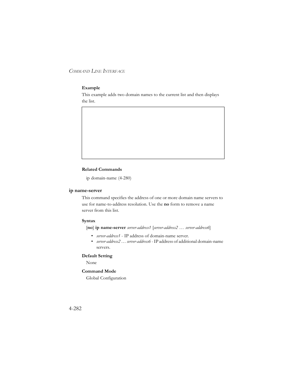 Ip name-server, Ip name-server -283, Ip name-server (4-282) | SMC Networks SMC TigerStack III SMC6824MPE User Manual | Page 544 / 570