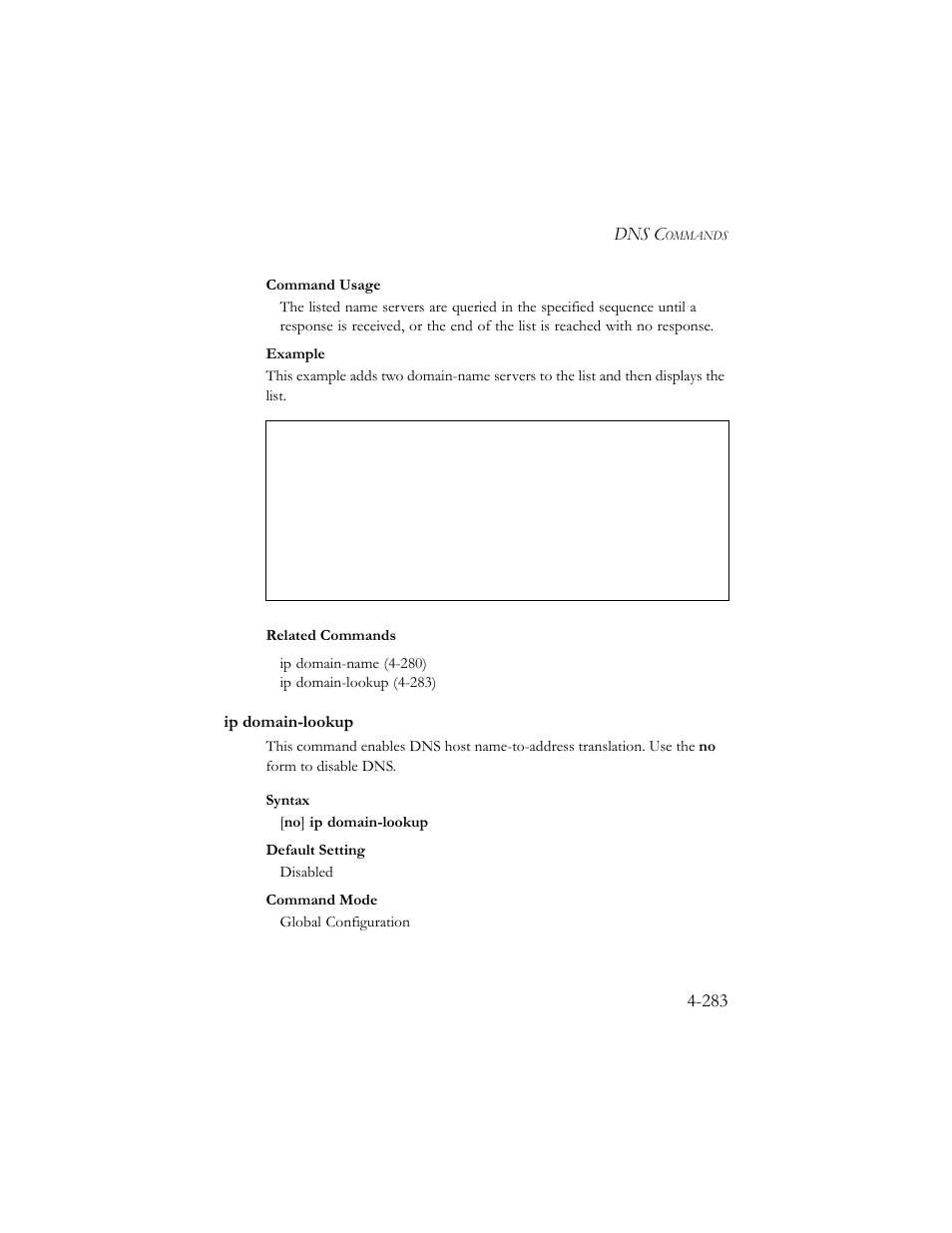Ip domain-lookup, Ip domain-lookup -284, Ip domain-lookup (4-283) | SMC Networks SMC TigerStack III SMC6824MPE User Manual | Page 545 / 570