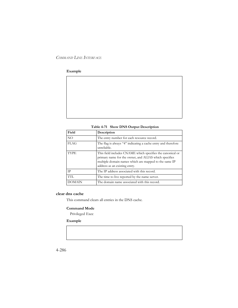 Clear dns cache, Clear dns cache -287, Table 4-71 show dns output description -287 | SMC Networks SMC TigerStack III SMC6824MPE User Manual | Page 548 / 570