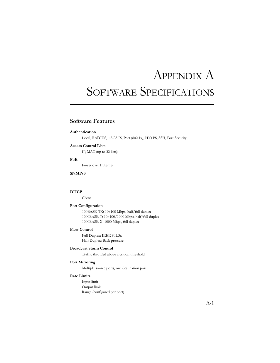 Appendix a software specifications, Ppendix, Oftware | Pecifications | SMC Networks SMC TigerStack III SMC6824MPE User Manual | Page 549 / 570