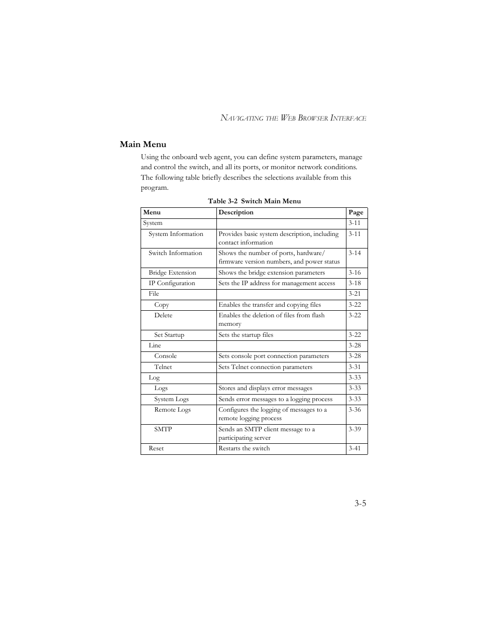 Main menu, Main menu -5, Table 3-2 switch main menu -5 | 5 main menu | SMC Networks SMC TigerStack III SMC6824MPE User Manual | Page 55 / 570