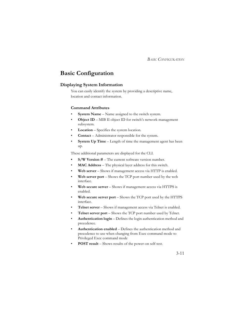 Basic configuration, Displaying system information, Basic configuration -11 | Displaying system information -11 | SMC Networks SMC TigerStack III SMC6824MPE User Manual | Page 61 / 570
