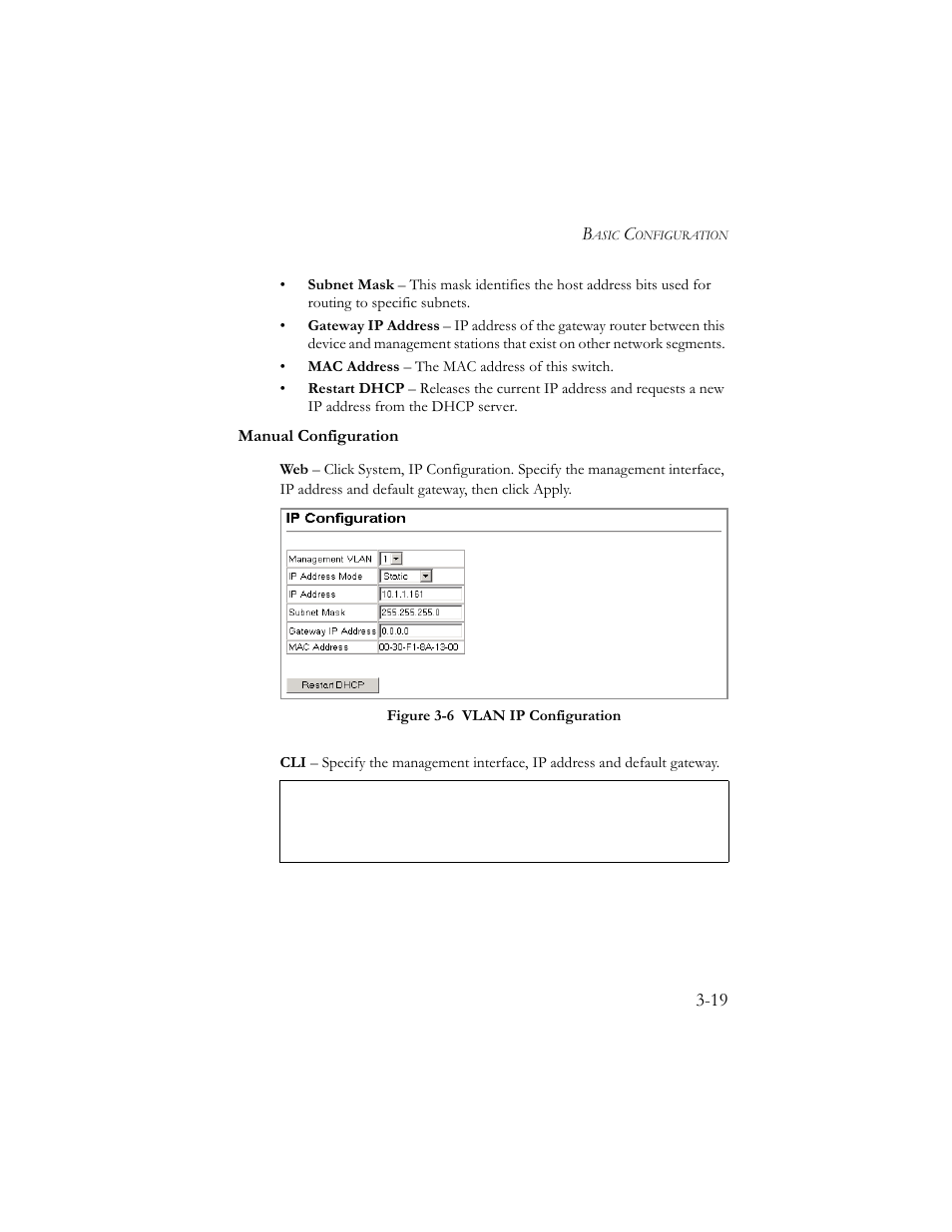 Manual configuration, Manual configuration -19, Figure 3-6 | Vlan ip configuration -19 | SMC Networks SMC TigerStack III SMC6824MPE User Manual | Page 69 / 570