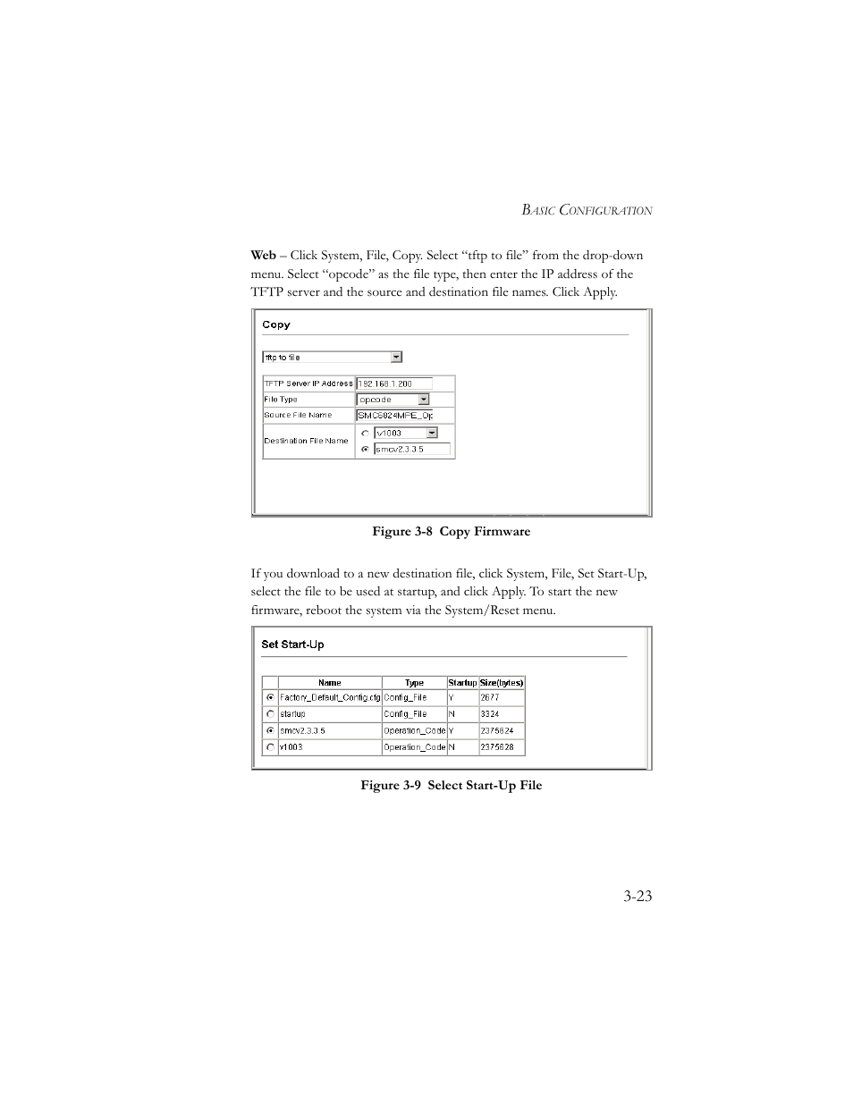 Figure 3-8, Copy firmware -23, Figure 3-9 | Select start-up file -23 | SMC Networks SMC TigerStack III SMC6824MPE User Manual | Page 73 / 570