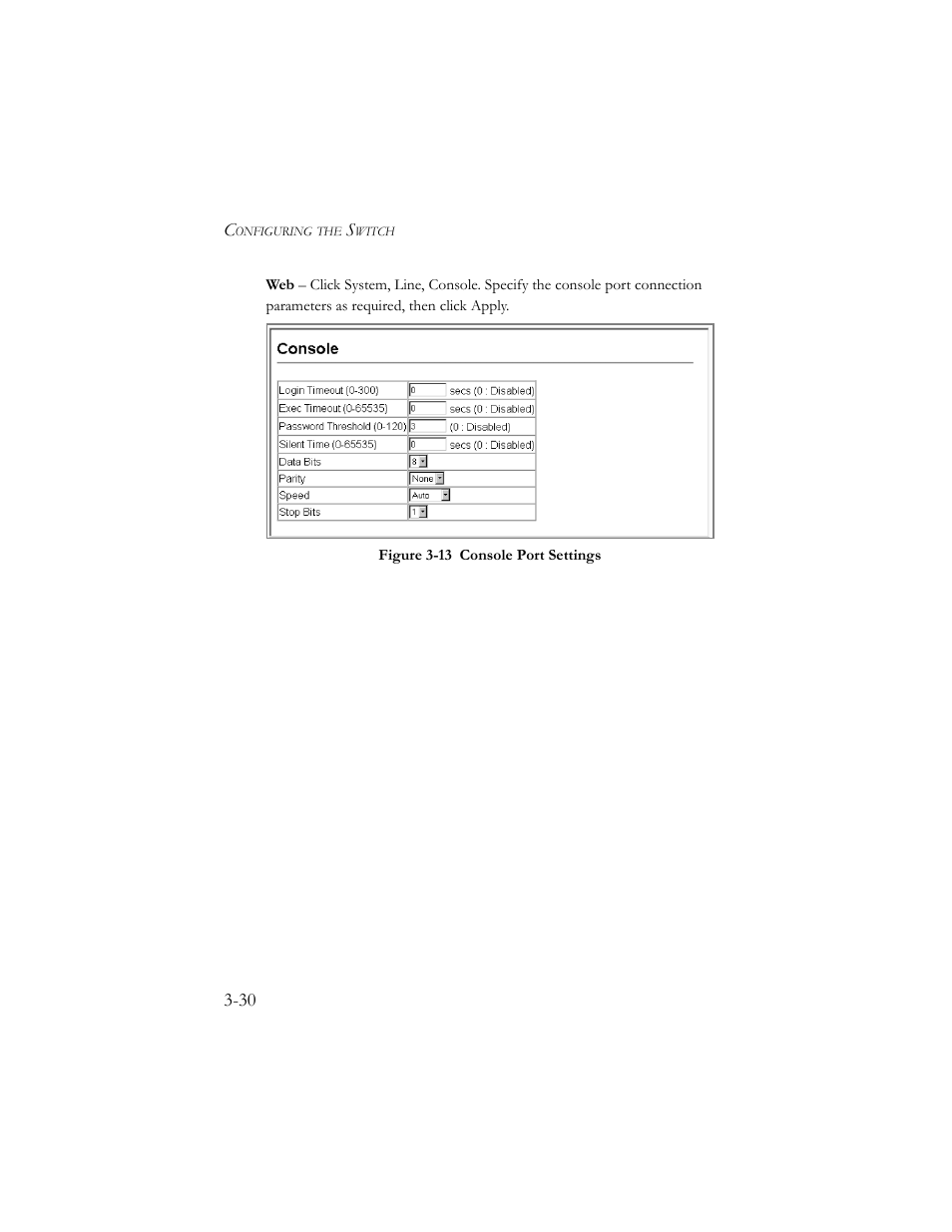 Figure 3-13 console port settings -30 | SMC Networks SMC TigerStack III SMC6824MPE User Manual | Page 80 / 570