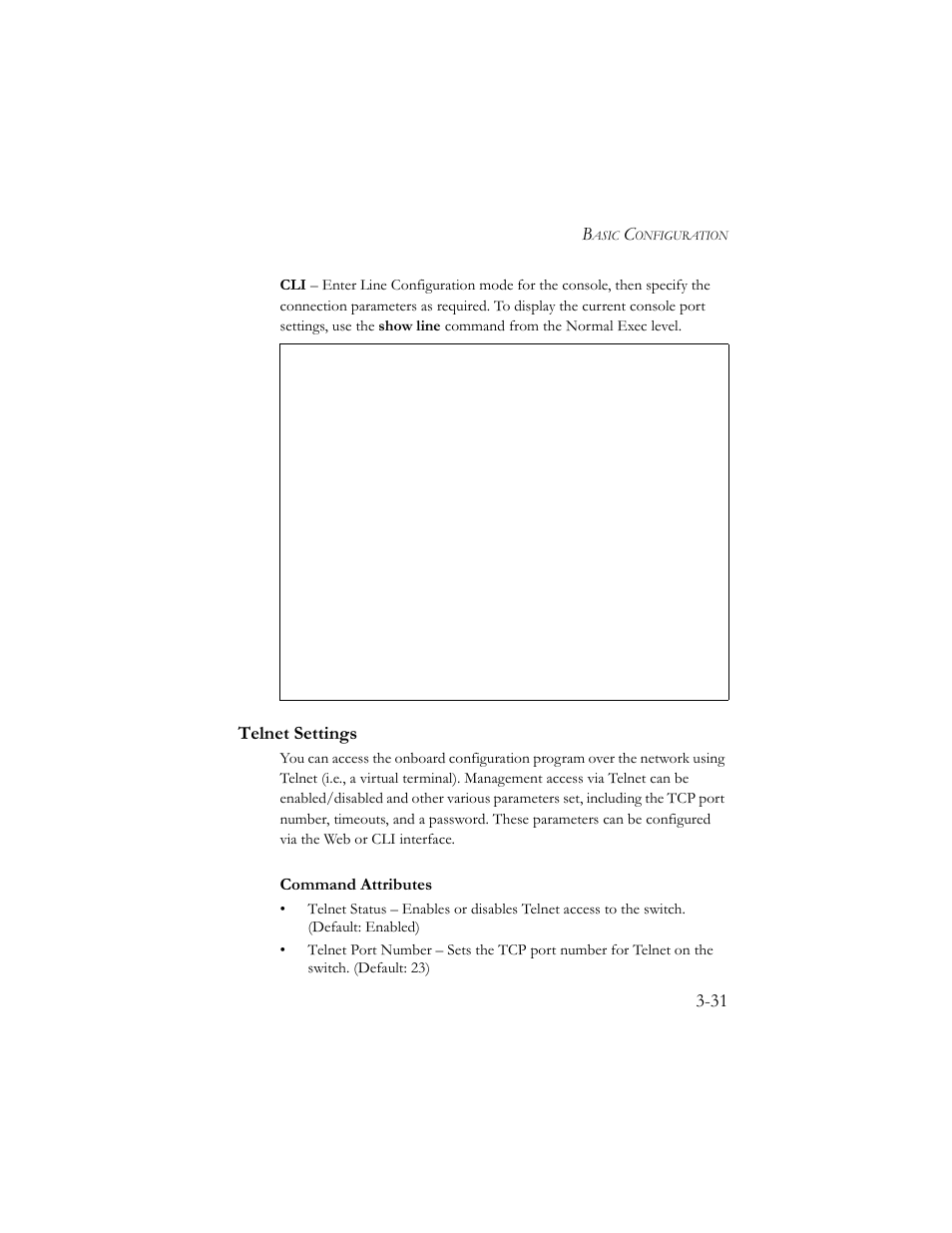 Telnet settings, Telnet settings -31, Command attributes | SMC Networks SMC TigerStack III SMC6824MPE User Manual | Page 81 / 570