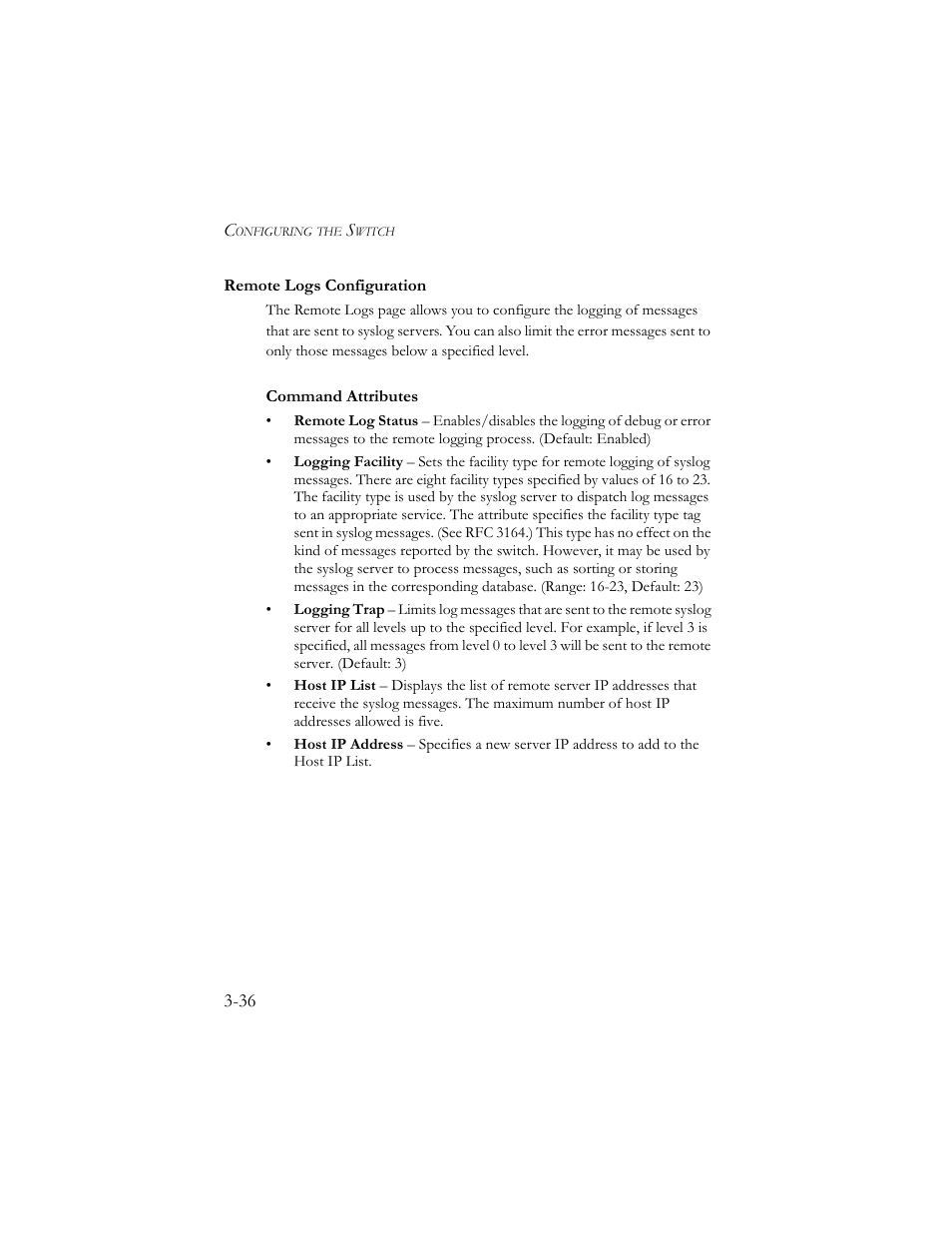 Remote logs configuration, Remote logs configuration -36 | SMC Networks SMC TigerStack III SMC6824MPE User Manual | Page 86 / 570