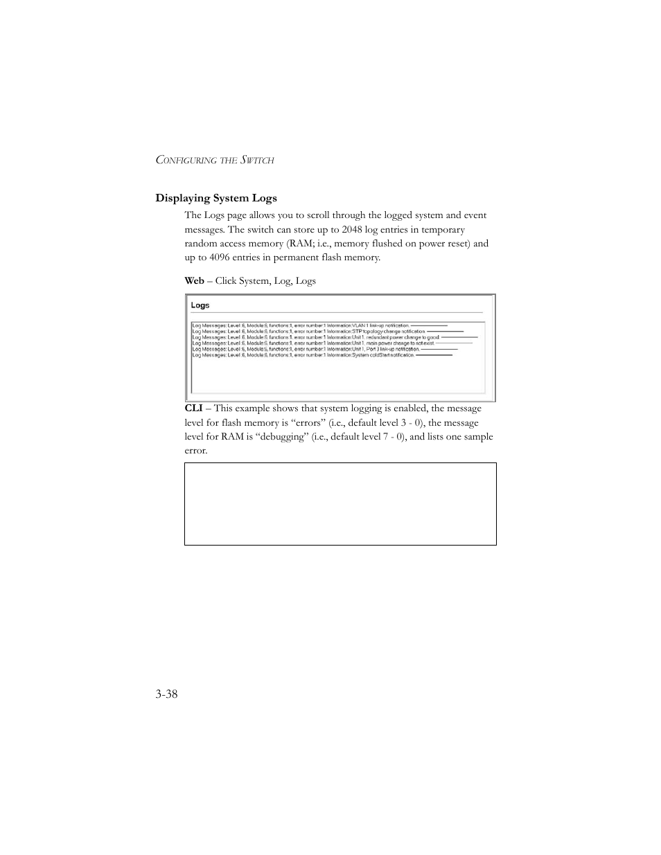 Displaying system logs, Displaying system logs -38 | SMC Networks SMC TigerStack III SMC6824MPE User Manual | Page 88 / 570