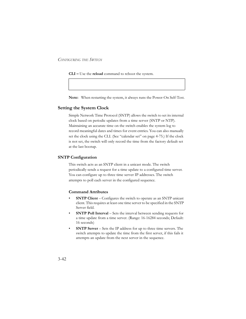 Setting the system clock, Sntp configuration, Setting the system clock -42 | Sntp configuration -42 | SMC Networks SMC TigerStack III SMC6824MPE User Manual | Page 92 / 570