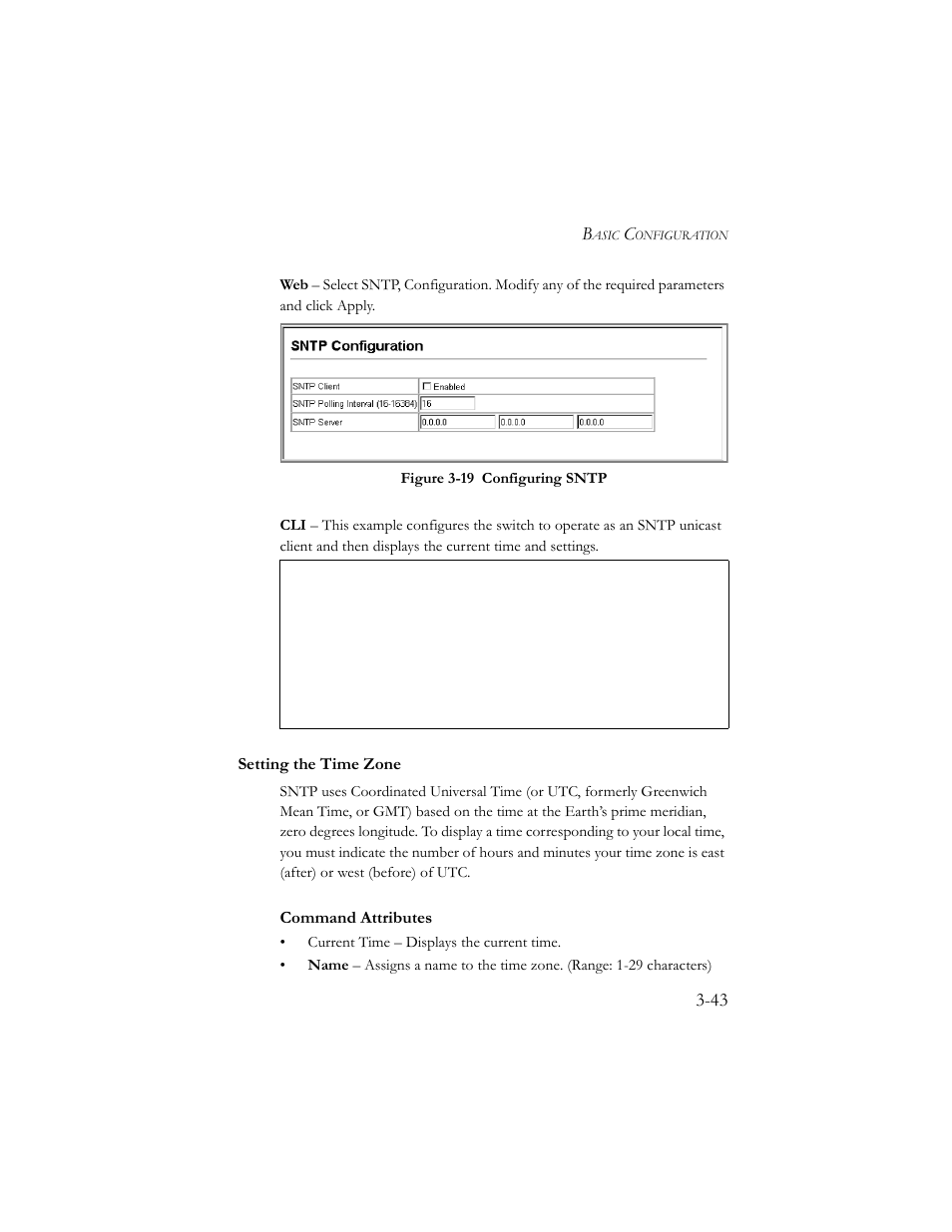 Setting the time zone, Setting the time zone -43, Figure 3-19 configuring sntp -43 | Command attributes | SMC Networks SMC TigerStack III SMC6824MPE User Manual | Page 93 / 570