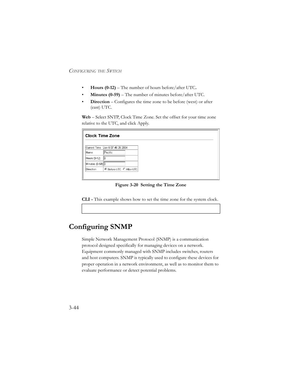 Configuring snmp, Configuring snmp -44, Figure 3-20 setting the time zone -44 | SMC Networks SMC TigerStack III SMC6824MPE User Manual | Page 94 / 570