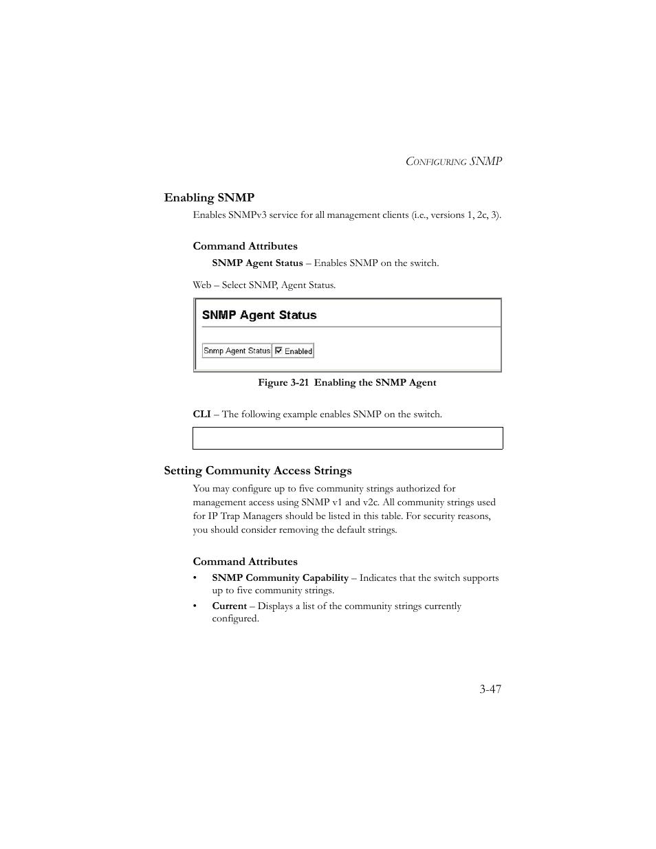 Enabling snmp, Setting community access strings, Figure 3-21 enabling the snmp agent -47 | SMC Networks SMC TigerStack III SMC6824MPE User Manual | Page 97 / 570