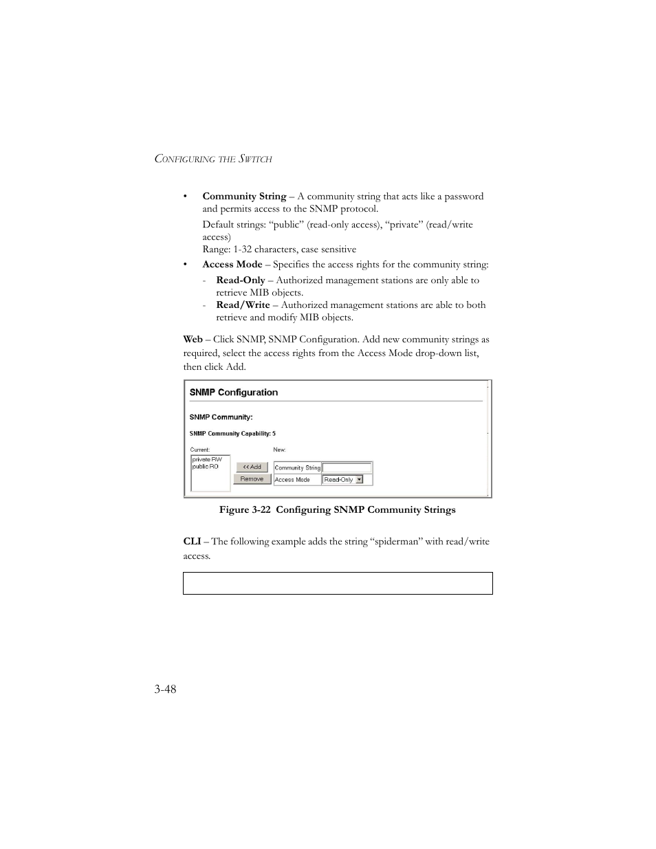 Figure 3-22 configuring snmp community strings -48 | SMC Networks SMC TigerStack III SMC6824MPE User Manual | Page 98 / 570