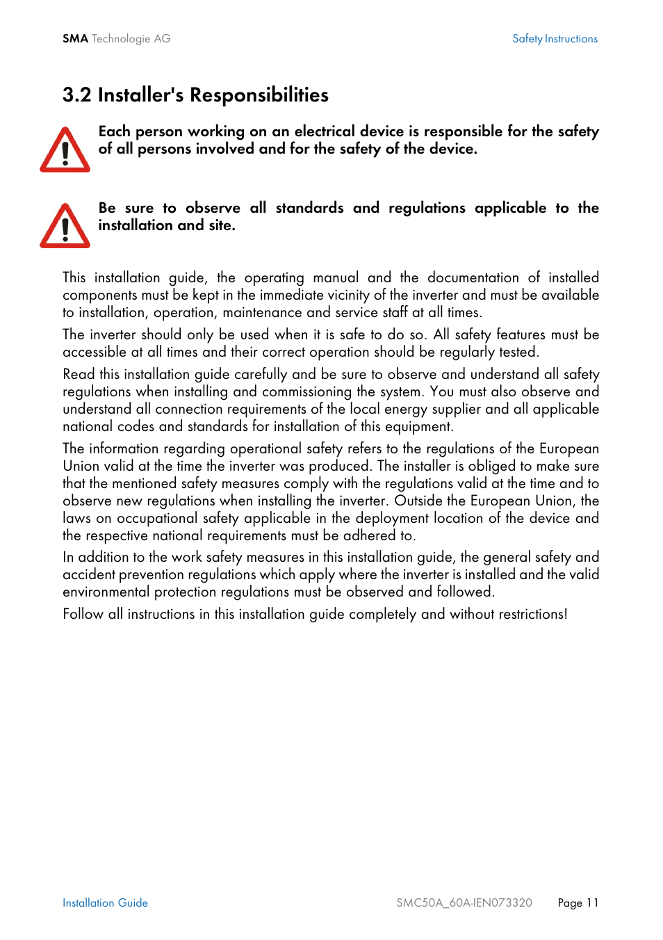 2 installer's responsibilities, Installer's responsibilities | SMC Networks Sunny Mini Central SMC 5000A User Manual | Page 11 / 96