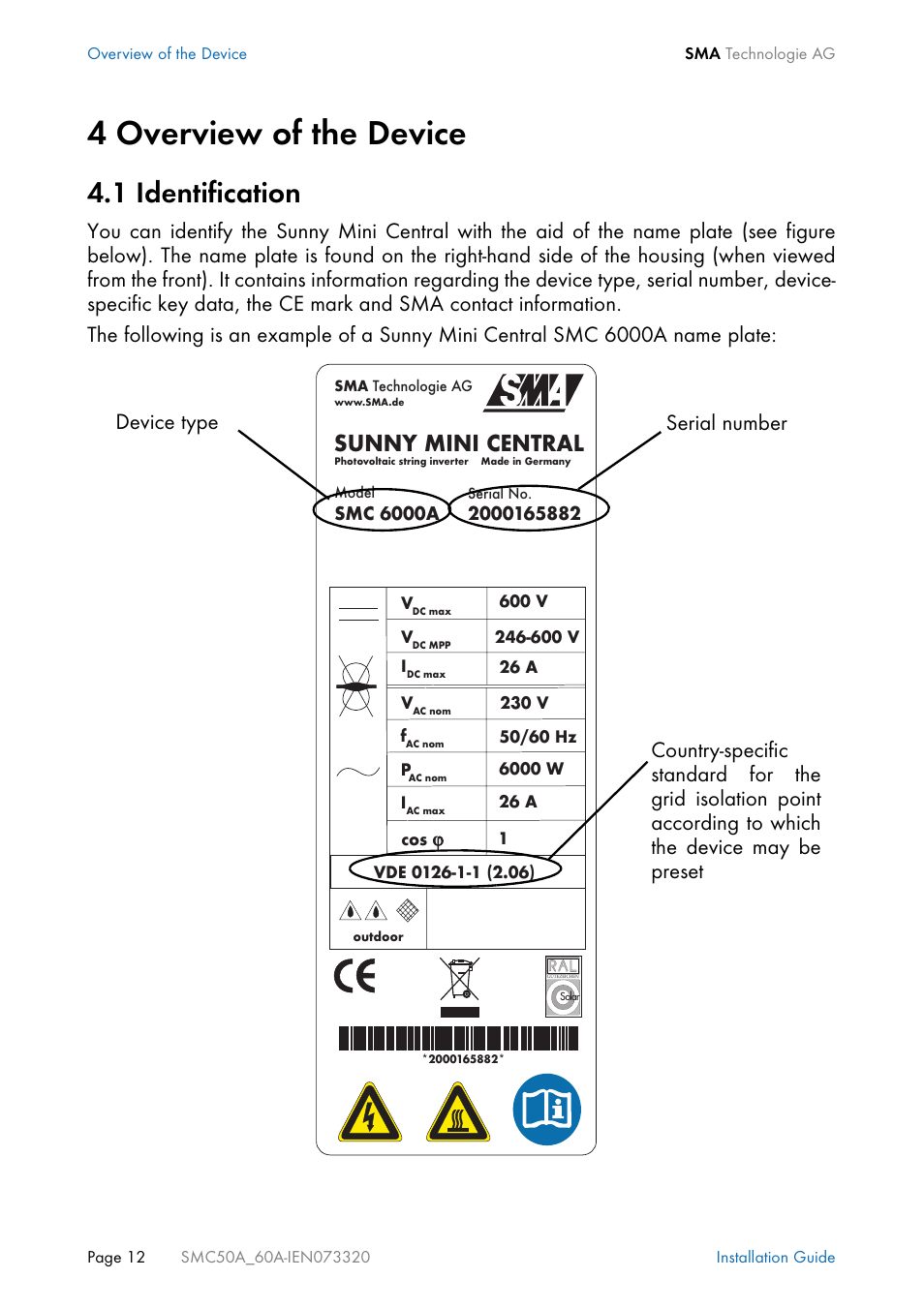 4 overview of the device, 1 identification, Overview of the device | Identification, Sunny mini central | SMC Networks Sunny Mini Central SMC 5000A User Manual | Page 12 / 96