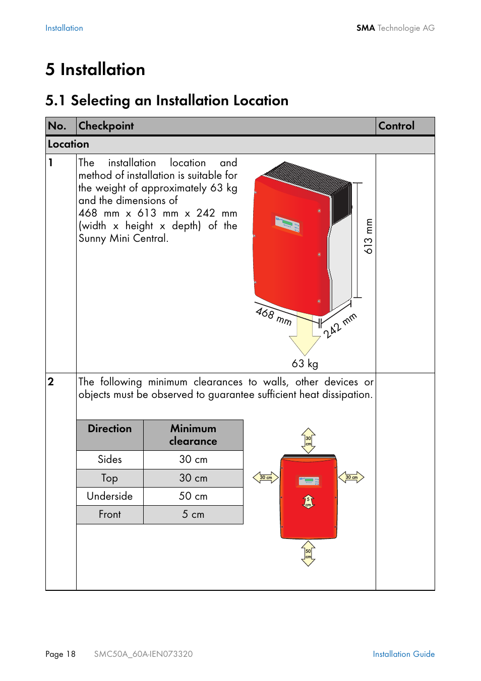 5 installation, 1 selecting an installation location, Installation | Selecting an installation location | SMC Networks Sunny Mini Central SMC 5000A User Manual | Page 18 / 96