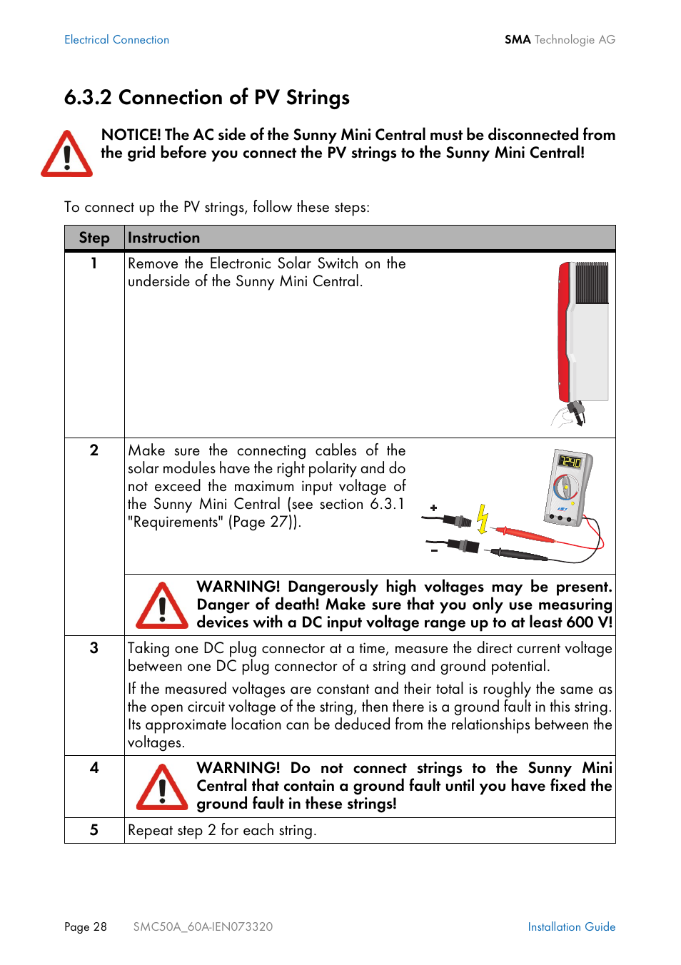 2 connection of pv strings, Connection of pv strings | SMC Networks Sunny Mini Central SMC 5000A User Manual | Page 28 / 96