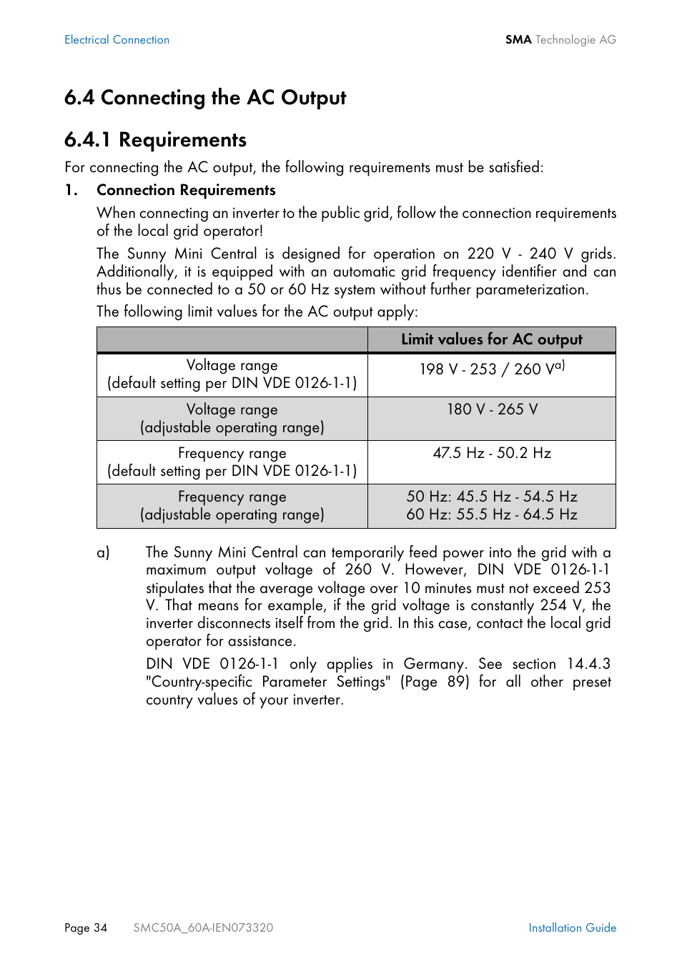 4 connecting the ac output, 1 requirements, Connecting the ac output | Requirements, 4 connecting the ac output 6.4.1 requirements | SMC Networks Sunny Mini Central SMC 5000A User Manual | Page 34 / 96