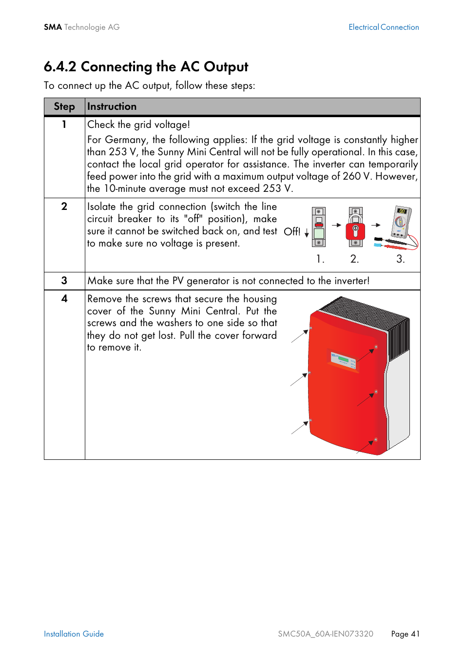 2 connecting the ac output, Connecting the ac output | SMC Networks Sunny Mini Central SMC 5000A User Manual | Page 41 / 96