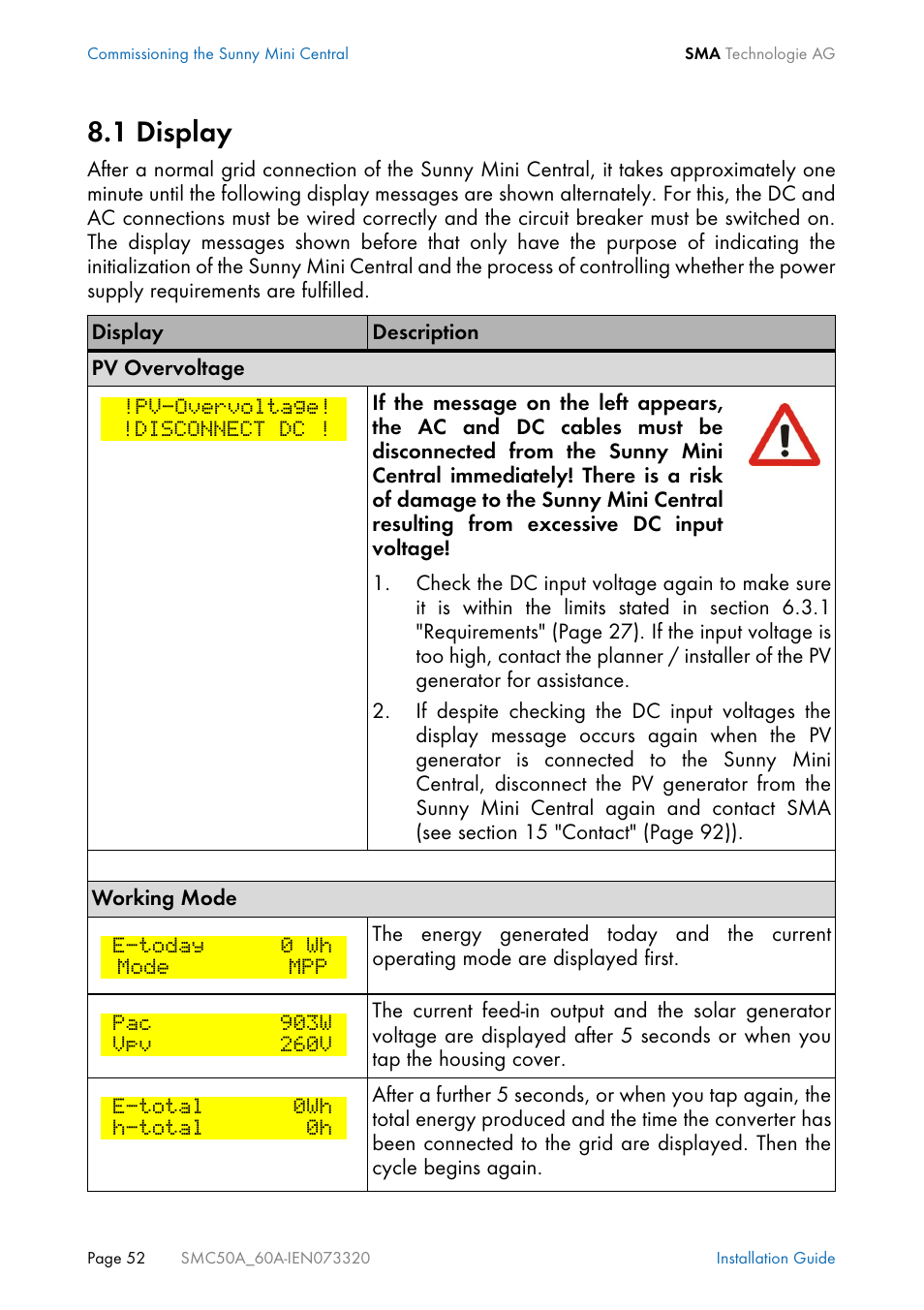 1 display, Display | SMC Networks Sunny Mini Central SMC 5000A User Manual | Page 52 / 96