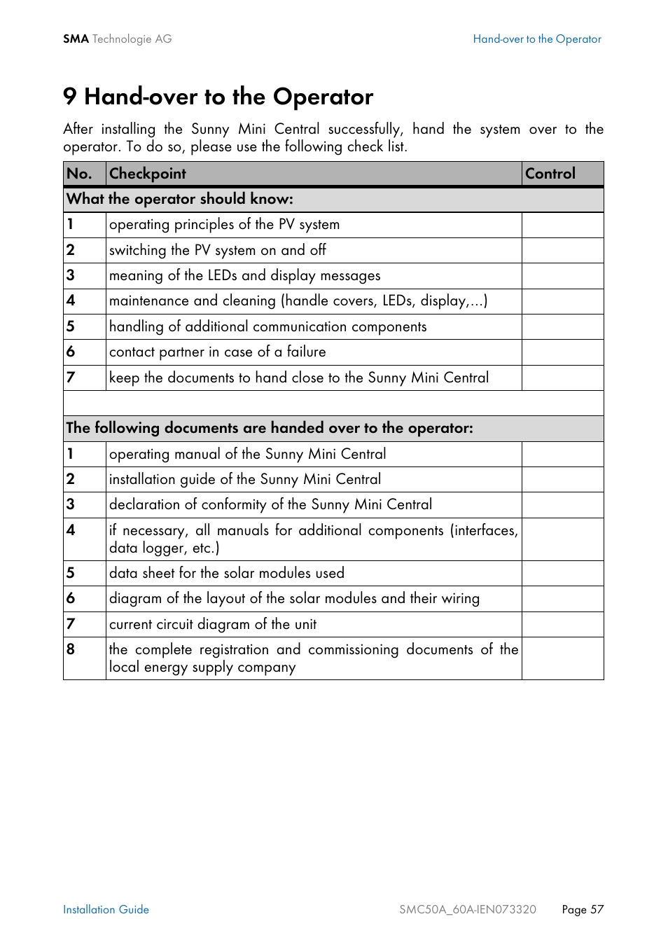 9 hand-over to the operator, Hand-over to the operator | SMC Networks Sunny Mini Central SMC 5000A User Manual | Page 57 / 96