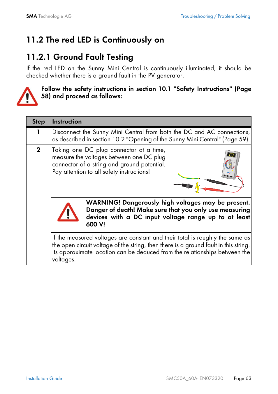 2 the red led is continuously on, 1 ground fault testing, The red led is continuously on | Ground fault testing | SMC Networks Sunny Mini Central SMC 5000A User Manual | Page 63 / 96