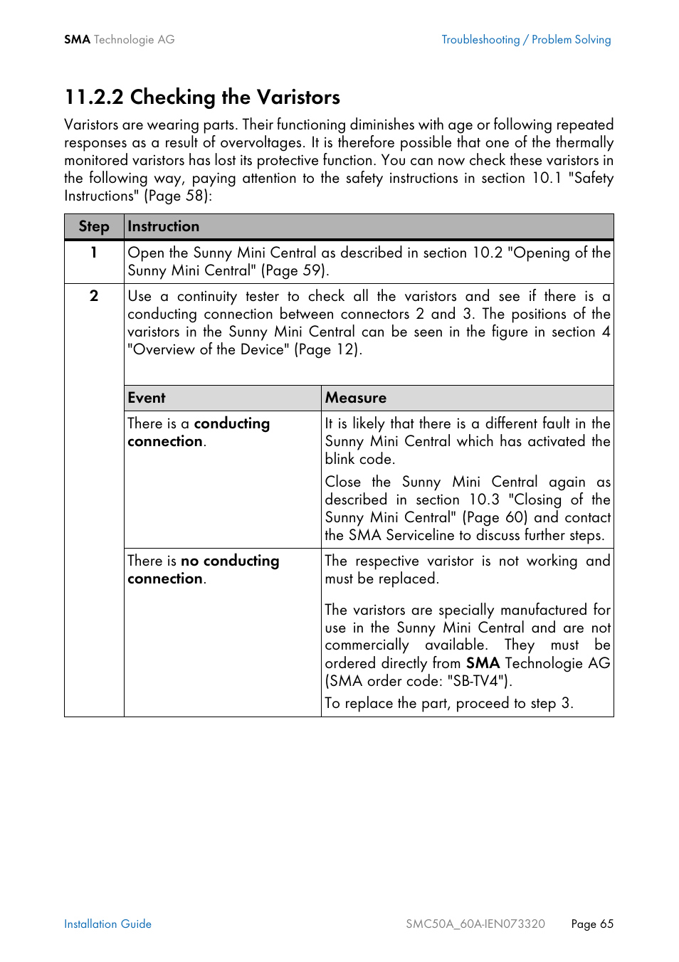 2 checking the varistors, Checking the varistors | SMC Networks Sunny Mini Central SMC 5000A User Manual | Page 65 / 96