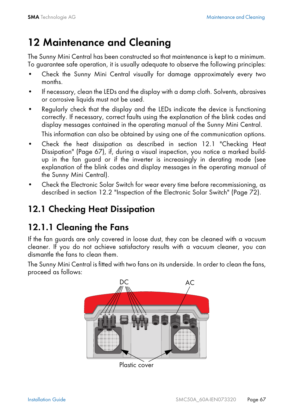 12 maintenance and cleaning, 1 checking heat dissipation, 1 cleaning the fans | Maintenance and cleaning, Checking heat dissipation, Cleaning the fans | SMC Networks Sunny Mini Central SMC 5000A User Manual | Page 67 / 96